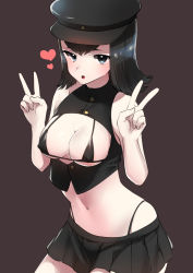 Rule 34 | 10s, 1girl, :o, akagi kurage, akitsu maru (kancolle), bare arms, bare shoulders, bikini, bikini under clothes, black bikini, black hair, black hat, black skirt, blue eyes, breasts, breasts out, brown background, buttons, cleavage, closed mouth, commentary request, covered erect nipples, cowboy shot, crop top, double v, eyes visible through hair, flipped hair, hands up, hat, heart, high collar, highleg, highleg bikini, kantai collection, looking at viewer, medium breasts, micro bikini, microskirt, navel, parted bangs, peaked cap, pleated skirt, raised eyebrows, shirt, short hair, simple background, skirt, sleeveless, sleeveless shirt, solo, stomach, swimsuit, unbuttoned, v