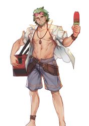 Rule 34 | 1boy, alex (cerealex), alternate costume, anklet, bare pectorals, beard, belt, blue shorts, bracelet, brown eyes, collarbone, commentary, cooler, cross-laced clothes, cross-laced shorts, english commentary, eyewear on head, facial hair, feet out of frame, fire emblem, food, gerik (fire emblem), green hair, grin, hair slicked back, highres, holding, holding food, jewelry, looking at viewer, male focus, muscular, muscular male, navel, necklace, nintendo, nipples, open clothes, open shirt, pectorals, pink-tinted eyewear, popsicle, scar, scar on face, scar on nose, shirt, short hair, shorts, simple background, sleeves rolled up, smile, solo, standing, sunglasses, tinted eyewear, white shirt
