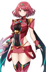 Rule 34 | 1girl, aegis sword (xenoblade), black gloves, breasts, chest jewel, fingerless gloves, gloves, highres, large breasts, pyra (xenoblade), red eyes, red hair, red shorts, shinae, short hair, short shorts, shorts, solo, swept bangs, sword, thighhighs, tiara, weapon, xenoblade chronicles (series), xenoblade chronicles 2
