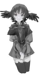 Rule 34 | 1girl, bird wings, black hair, brooch, closed mouth, cropped legs, dress, feathered wings, feathers, final fantasy, final fantasy xiv, grey dress, grey eyes, grey pupils, greyscale, head wings, highres, jewelry, light frown, long sleeves, looking at viewer, meteion, monochrome, naruta, no tail, own hands together, pleated dress, short dress, short hair, simple background, solo, spoilers, v arms, white background, wings