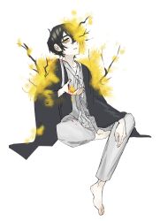 Rule 34 | 1boy, barefoot, black coat, black hair, branch, coat, e.g.o (project moon), ff nami, flower, hand up, highres, limbus company, long sleeves, looking at viewer, male focus, pants, parted lips, project moon, solo, white hanbok, white pants, wide sleeves, yellow eyes, yellow flower, yi sang (project moon)