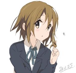 Rule 34 | 1girl, :o, alternate hairstyle, blue jacket, blue ribbon, blush, brown eyes, brown hair, collared shirt, commentary request, core (mayomayo), dated, hair between eyes, twirling hair, hand in own hair, hand up, highres, jacket, k-on!, looking at viewer, neck ribbon, parted lips, ribbon, sakuragaoka high school uniform, school uniform, shirt, short hair, simple background, solo, tainaka ritsu, upper body, white background, white shirt