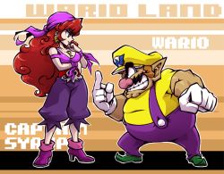 Rule 34 | 1boy, 1girl, bad id, bad pixiv id, bandana, bare shoulders, breasts, captain syrup, character name, clenched teeth, copyright name, earrings, eye contact, fat, fat man, gloves, height difference, high heels, jewelry, large breasts, lips, long hair, looking at another, mario (series), middle finger, necklace, nintendo, nitorou, pointy ears, red eyes, red hair, shoes, smile, standing, super mario bros. 1, teeth, wario, wario land, wario land: shake it!