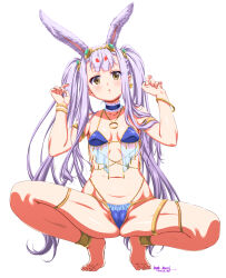 Rule 34 | 1girl, absurdres, animal ears, arms up, ass, azur lane, barefoot, bikini, blue bikini, bracelet, breasts, brown eyes, cameltoe, circlet, feet, gem, harem outfit, highleg, highleg bikini, highres, jewelry, legs, long hair, looking at viewer, navel, necklace, rabbit ears, rabbit girl, shimakaze (azur lane), small breasts, solo, spread legs, squatting, stomach, swimsuit, thighlet, thighs, toes, two side up, umyonge (lkakeu), very long hair, white hair