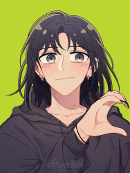 1girl black_hair black_hoodie black_nails blush collarbone commentary ear_piercing earrings green_background grey_eyes half-heart_hands hand_up highres hood hoodie hoop_earrings jewelry kininatteru_hito_ga_otoko_ja_nakatta koga_mitsuki liuchuu mole mole_under_eye piercing short_hair simple_background smile solo twitter_username upper_body