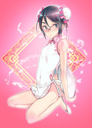 Rule 34 | 1boy, apron, arms behind back, bad id, bare shoulders, black eyes, black hair, bun cover, china dress, chinese clothes, coin rand, copyright request, crossdressing, double bun, dress, glasses, hair bun, looking at viewer, male focus, solo, trap, tray