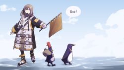 Rule 34 | 1girl, absurdres, animal, arknights, bird, bird mask, black coat, black footwear, brown eyes, brown hair, cloud, coat, day, earrings, english text, flag, full body, gloves, highres, holding, holding flag, ice skates, if f, jewelry, long sleeves, magallan (arknights), mask, mask around neck, multicolored hair, ornament, outdoors, over shoulder, penguin, red headwear, short hair, single earring, skates, sky, smile, snow, speech bubble, streaked hair, white gloves, white hair, winter clothes, winter coat