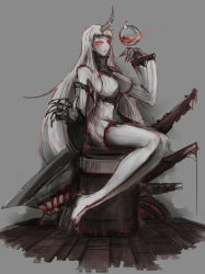 Rule 34 | 10s, 1girl, abyssal ship, alternate footwear, breasts, claws, colored skin, crane (machine), detached sleeves, dress, eyelashes, from side, gears, glowing, glowing eyes, grey background, grey skin, hand up, high heels, highres, horns, kantai collection, legs, long hair, long legs, looking at viewer, pepii, red eyes, ribbed sweater, seaport princess, sideboob, single horn, sitting, sketch, solo, sweater, sweater dress, teeth, very long hair, white hair, wooden floor