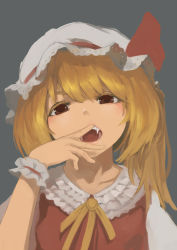 Rule 34 | 1girl, alternate eye color, alternate legwear, blonde hair, blush, brown eyes, collarbone, commentary, eyelashes, fang, flandre scarlet, grey background, hair over shoulder, half-closed eyes, hand to own mouth, hand up, hat, hat ribbon, lace, lips, looking at viewer, mob cap, mouth pull, one side up, open mouth, red ribbon, ribbon, saliva, saliva trail, short hair with long locks, simple background, solo, teeth, touhou, upper body, upper teeth only, white hat, wrist cuffs, xii yashizhongzhan