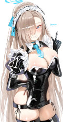 Rule 34 | 1girl, alternate costume, asuna (blue archive), black gloves, black thighhighs, blue archive, blue eyes, blue halo, blush, breasts, cleavage, cowboy shot, elbow gloves, gloves, grin, hair over one eye, halo, haruri, highres, large breasts, light brown hair, long hair, looking at viewer, maid, maid headdress, mole, mole on breast, puffy short sleeves, puffy sleeves, short sleeves, simple background, smile, solo, thighhighs, white background