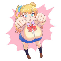 Rule 34 | 1girl, blonde hair, blue eyes, breasts, full body, galko, highres, huge breasts, leaning forward, long hair, looking at viewer, open mouth, oshiete! galko-chan, school uniform, solo, standing