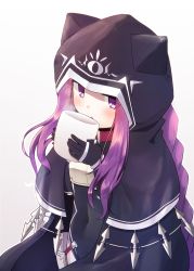 Rule 34 | 1girl, animal collar, animal hood, black cape, blush, braid, cape, cat hood, collar, commentary, cup, fal (fal-se-0), fate/grand order, fate (series), gloves, holding, holding cup, hood, long hair, looking at viewer, medusa (fate), medusa (lancer) (fate), medusa (rider) (fate), purple eyes, purple hair, rider, sidelocks, simple background, solo, very long hair