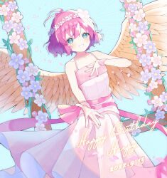 Rule 34 | 1girl, absurdres, antenna hair, blue background, blue flower, blush, brown wings, character name, collarbone, dated, dress, emphasis lines, eyelashes, feathered wings, flower, green eyes, grin, hair between eyes, hand on own chest, happy birthday, harpy (puyopuyo), head wreath, highres, kashima miyako, looking at viewer, pink dress, pink flower, pink hair, pink ribbon, pink wristband, plant, puyopuyo, ribbon, short hair, smile, solo, vines, wings