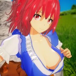 Rule 34 | 1girl, 3d, animated, breasts, cleavage, closed mouth, downblouse, large breasts, looking at viewer, matching hair/eyes, mofumoko5, no bra, onozuka komachi, red eyes, red hair, smile, solo, teasing, touhou, twintails, upper body, video