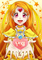 Rule 34 | 10s, 1girl, bad id, bad pixiv id, bow, brooch, choker, circlet, cure muse, cure muse (yellow), earrings, eyelashes, frills, hair ribbon, heart, highres, jewelry, long hair, magical girl, orange hair, precure, red eyes, ribbon, shirabe ako, smile, solo, star (symbol), starry background, suite precure, tenten (tenten2), yellow bow