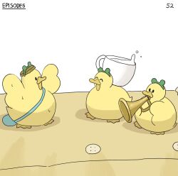 Rule 34 | ^ ^, bag, bird, bottle cap, buttons, closed eyes, cup, diva (hyxpk), duck, duckling, frog headband, highres, instrument, numbered, original, pajamas, simple background, teacup, trumpet, water, yellow pajamas