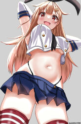 Rule 34 | 1girl, absurdres, black hairband, black neckerchief, blue sailor collar, blue skirt, blush, breasts, cosplay, cowboy shot, crop top, elbow gloves, from below, gloves, gluteal fold, hairband, highleg, highleg panties, highres, kantai collection, large breasts, long hair, looking at viewer, microskirt, mizuki (uzuki no sato), navel, neckerchief, panties, sailor collar, shimakaze (kancolle), shimakaze (kancolle) (cosplay), skirt, solo, standing, striped clothes, striped thighhighs, thighhighs, thighs, underwear, white gloves, yuudachi (kancolle), yuudachi kai ni (kancolle)