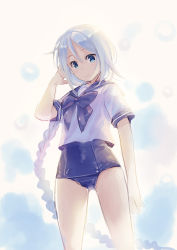 Rule 34 | 10s, 1girl, blouse, blue eyes, braid, kantai collection, long hair, naruse chisato, one-piece swimsuit, school swimsuit, school uniform, serafuku, shirt, silver hair, single braid, smile, solo, swimsuit, swimsuit under clothes, umikaze (kancolle), very long hair