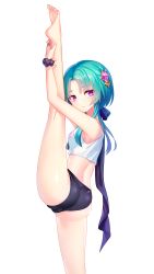 Rule 34 | 1girl, absurdres, aqua hair, ass, barefoot, black bow, black panties, black scrunchie, bow, breasts, cameltoe, closed mouth, crop top, from side, hair bow, hair intakes, hair ornament, highres, hougyou ilia, jewelry, lalazyt, leg lift, leg up, long hair, looking at viewer, midriff, panties, polka dot, polka dot scrunchie, purple eyes, ring, scrunchie, simple background, small breasts, soles, solo, split, standing, standing on one leg, standing split, tokyo necro, underwear, white background, wrist scrunchie