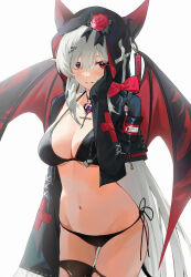 Rule 34 | 1girl, absurdres, armband, bikini, black bikini, black bikini bottom, black bow, black choker, black jacket, black thighhighs, blush, bow, breasts, cameltoe, choker, cleavage, commission, cropped jacket, cross, cross choker, cross necklace, demon, demon girl, demon horns, demon tail, demon wings, drive shot, flower, grey hair, groin, hair between eyes, hand on own face, highres, hood, hood up, hooded jacket, hoodie, horned hood, horns, jacket, jewelry, large breasts, long hair, long sleeves, looking at viewer, navel, necklace, open clothes, open jacket, original, pixiv commission, red bow, red eyes, red flower, red wings, side-tie bikini bottom, simple background, skindentation, swimsuit, tail, thigh gap, thighhighs, torn clothes, torn thighhighs, underboob, unzipped, white background, wings