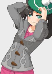 Rule 34 | 1girl, absurdres, black hair, blush, buttons, cardigan, closed mouth, collared dress, commentary request, cosplay, creatures (company), dress, game freak, gloria (pokemon), gloria (pokemon) (cosplay), green eyes, green hat, grey cardigan, hands on headwear, hat, highres, marnie (pokemon), negimiso1989, nintendo, pink dress, pokemon, pokemon swsh, simple background, solo, tam o&#039; shanter