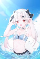 Rule 34 | 1girl, :d, absurdres, bare arms, bare shoulders, bikini, black bow, blue bikini, blue sky, bow, breasts, cleavage, cloud, collarbone, commentary request, day, fang, frilled bow, frills, hair bow, hands up, highres, hololive, horns, looking at viewer, multicolored hair, nakiri ayame, nakiri ayame (hololive summer 2019), navel, oni, open mouth, outdoors, red eyes, red hair, silver hair, skin-covered horns, sky, small breasts, smile, solo, splashing, starfox1015, streaked hair, swimsuit, twintails, virtual youtuber, water