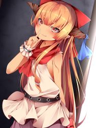 Rule 34 | 1girl, bare shoulders, belt, blue ribbon, blush, bow, brown eyes, buta (uhoiiotoko), closed mouth, commentary, commentary request, cowboy shot, fang, finger to mouth, hair bow, highres, horn ornament, horn ribbon, horns, ibuki suika, long hair, looking at viewer, neckerchief, no bra, orange hair, pointy ears, purple skirt, red bow, red neckerchief, red pupils, ribbon, shirt, shushing, sidelocks, skin fang, skirt, sleeveless, sleeveless shirt, smile, solo, symbol-only commentary, touhou, valentine, very long hair, white shirt, wrist cuffs