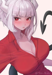 Rule 34 | 1girl, blunt bangs, blush, breasts, cleavage, closed mouth, collarbone, collared shirt, demon girl, demon horns, demon tail, helltaker, highres, horns, large breasts, lips, looking at viewer, lucifer (helltaker), mole, mole under eye, nhaliz, ponytail, red eyes, red shirt, shirt, solo, tail, upper body, white hair, white horns
