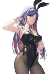 Rule 34 | 1girl, animal ears, arm up, bare arms, black leotard, black necktie, blue hair, breasts, brown pantyhose, colored inner hair, cowboy shot, detached collar, fake animal ears, hand in own hair, hand on own hip, highres, kantai collection, large breasts, leotard, long hair, looking at viewer, multicolored hair, necktie, pantyhose, playboy bunny, rabbit ears, red hair, rokuwata tomoe, simple background, smile, solo, south dakota (kancolle), strapless, strapless leotard, swept bangs, thighs, very long hair, white background, white hair, wrist cuffs, yellow eyes