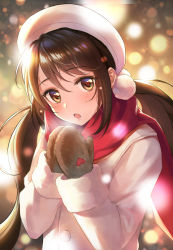 Rule 34 | 1girl, :o, beret, black hair, blurry, blurry background, blush, bokeh, brown eyes, coat, commentary request, depth of field, hair ornament, hands up, hat, head tilt, highres, idolmaster, idolmaster cinderella girls, long hair, long sleeves, looking at viewer, mittens, nakano yuka, open mouth, own hands together, pom pom (clothes), red scarf, redamon, scarf, sidelocks, solo, tareme, twintails, upper body, very long hair, white coat, white hat, winter, winter clothes
