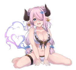 Rule 34 | 1girl, bare arms, bare shoulders, bikini, blue eyes, blush, braid, breasts, cleavage, collarbone, draph, full body, granblue fantasy, hair ornament, hair over one eye, hair over shoulder, halterneck, highres, horns, large breasts, light purple hair, lips, long hair, looking at viewer, midriff, narmaya (granblue fantasy), narmaya (summer) (granblue fantasy), navel, open mouth, pink lips, simple background, single braid, sitting, skindentation, solo, spicy moo, stomach, swimsuit, thigh strap, thighs, wariza, white background, white bikini