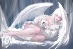 Rule 34 | 1other, androgynous, bare legs, bare shoulders, barefoot, closed mouth, commentary request, dress, feathered wings, flower, highres, holding, long hair, long sleeves, lying, on side, original, qidai, rose, smile, solo, toenails, white dress, white flower, white hair, white rose, white wings, wings