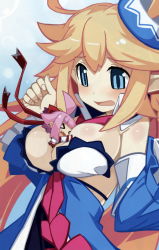 Rule 34 | &gt; &lt;, 2girls, :d, ahoge, attouteki yuugi mugen souls, attouteki yuugi mugen souls z, between breasts, blonde hair, blue eyes, blush, blush stickers, body blush, bow, breasts, chibi, chou chou, chou chou egotistical, clenched hand, detached sleeves, closed eyes, fang, hair bow, hair ornament, hair ribbon, highres, long hair, multiple girls, nanameda kei, necktie, non-web source, official art, open mouth, pink hair, pointy ears, ribbon, shilma (mugen souls), skirt, smile, very long hair