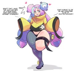 Rule 34 | 1girl, aqua hair, black panties, blush stickers, coat, creatures (company), curvy, english text, game freak, gen 1 pokemon, heart, highres, iono (pokemon), long hair, magnemite, multicolored hair, nintendo, open mouth, panties, pantyhose, pink hair, pinkkoffin, pokemon, pokemon sv, purple eyes, sharp teeth, simple background, single leg pantyhose, sleeves past fingers, sleeves past wrists, smile, solo, teeth, thick thighs, thigh strap, thighs, twintails, two-tone eyes, two-tone hair, underwear, very long hair, white background, wide hips, wide sleeves, yellow eyes
