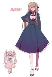 Rule 34 | 1girl, black bow, black jacket, black skirt, blonde hair, bow, braid, breasts, buttons, chibi, collared shirt, danganronpa: trigger happy havoc, danganronpa (series), double-breasted, frilled skirt, frills, genderswap, genderswap (mtf), glasses, hair bow, hand on own hip, highres, i-hara, jacket, large breasts, long hair, multiple views, open clothes, open jacket, semi-rimless eyewear, shirt, shoes, skirt, togami byakuya, translation request, white shirt
