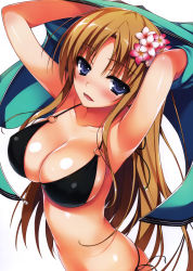 Rule 34 | 1girl, absurdres, armpits, bikini, black bikini, blue eyes, blush, breasts, brown hair, cleavage, covered erect nipples, female focus, flower, gloves, hair flower, hair ornament, highres, large breasts, long hair, looking at viewer, navel, o-ring, o-ring top, open mouth, shiny skin, side-tie bikini bottom, simple background, skindentation, smile, solo, swimsuit, tomose shunsaku, very long hair, white background, white gloves