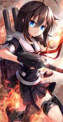 Rule 34 | 10s, 1girl, ahoge, black hair, black serafuku, blood, blue eyes, braid, brown hair, clenched hand, clenched hands, cloud, cloudy sky, fingerless gloves, fire, gloves, hair flaps, hair ornament, highres, kantai collection, lens flare, light rays, looking at viewer, neckerchief, pleated skirt, rain, red neckerchief, ribbon, rin yuu, school uniform, serafuku, serious, shigure (kancolle), shigure kai ni (kancolle), short sleeves, single braid, skirt, sky, solo, sparks, sunlight, thigh strap, torn clothes, torn skirt, twitter username