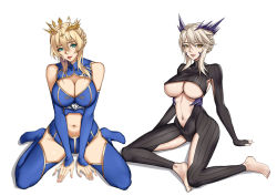Rule 34 | 2girls, absurdres, arm support, artoria pendragon (fate), artoria pendragon (lancer) (fate), artoria pendragon (lancer alter) (fate), bare shoulders, barefoot, black bodysuit, blonde hair, blue leotard, blue thighhighs, bodysuit, braid, breasts, center opening, cleavage, clothing cutout, collarbone, crown, detached sleeves, fate/grand order, fate (series), french braid, green eyes, hair between eyes, highres, large breasts, leotard, long hair, looking at viewer, multiple girls, nail polish, navel, navel cutout, open mouth, pink lips, pink nails, ribbed bodysuit, sidelocks, sitting, thigh cutout, thighhighs, turtleneck, turtleneck bodysuit, underboob, v arms, wariza, white hair, xiao gen, yellow eyes