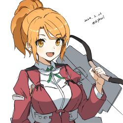 Rule 34 | 1girl, absurdres, aquila (kancolle), bigkwl, bow (weapon), breasts, dated, highres, kantai collection, large breasts, long hair, one-hour drawing challenge, orange eyes, orange hair, ponytail, red shirt, shield, shirt, simple background, solo, twitter username, upper body, weapon, white background