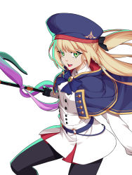 Rule 34 | 1girl, artoria caster (fate), artoria caster (second ascension) (fate), artoria pendragon (fate), blonde hair, breasts, commentary request, cowboy shot, fate/grand order, fate (series), gloves, green eyes, hat, highres, holding, hyperbudd, long hair, long sleeves, looking at viewer, open mouth, pantyhose, simple background, skirt, small breasts, solo, teeth, tongue, white background