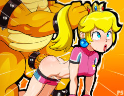 Rule 34 | 1boy, 1girl, absurdres, ahegao, all fours, armlet, ass, blonde hair, blue eyes, bowser, bracelet, breasts, clothes pull, cock ring, commission, crop top, crown, cum, cum overflow, earrings, ejaculation, grabbing another&#039;s hair, head out of frame, hetero, highres, jewelry, lipstick, makeup, mario (series), nintendo, open mouth, penis, ponpu (pumpkinsinclair), ponytail, princess peach, rolling eyes, saliva, saliva trail, sex, sex from behind, sex toy, shorts, shorts pull, sphere earrings, spiked armlet, spiked bracelet, spiked cock ring, spikes, strikers peach, super mario strikers, tongue, tongue out, veins, veiny penis