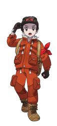 Rule 34 | 1boy, absurdres, adjusting clothes, adjusting headwear, black hat, boots, brown eyes, brown footwear, brown gloves, brown hair, creatures (company), expedition uniform, full body, game freak, gloves, hard hat, hat, helmet, highres, holding, holding poke ball, jacket, male focus, nintendo, official art, open mouth, orange jacket, orange pants, pants, poke ball, poke ball (basic), pokemon, pokemon swsh, pouch, solo, transparent background, uniform, victor (pokemon)