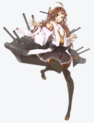 Rule 34 | 10s, 1girl, armpits, bad id, bad pixiv id, bare shoulders, black skirt, boots, brown hair, detached sleeves, full body, grey eyes, hair ornament, hairband, hakama, hakama short skirt, hakama skirt, happy, highres, japanese clothes, kantai collection, katsuragi (osaka8o2), kongou (kancolle), leg up, long hair, looking at viewer, outstretched hand, palm, pleated skirt, ribbon-trimmed sleeves, ribbon trim, simple background, skirt, smile, solo, standing, standing on one leg, thigh boots, thighhighs, thighs, zettai ryouiki
