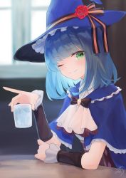 Rule 34 | 1girl, absurdres, blue hair, blue hat, blurry, blurry background, capelet, character request, closed mouth, cup, eyes visible through hair, flower, frills, green eyes, hand up, hat, hat ribbon, highres, holding, holding cup, looking at viewer, majo no tabitabi, medium hair, minau37, one eye closed, ribbon, rose, solo