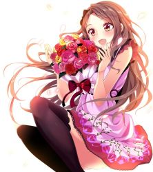 Rule 34 | 1girl, :d, bad id, bad twitter id, bare shoulders, black thighhighs, bouquet, bow, brown hair, dress, flower, frills, hair bow, haruka natsuki, idolmaster, idolmaster (classic), long hair, minase iori, open mouth, petals, rose, simple background, sleeveless, smile, solo, thighhighs, white background, yellow eyes
