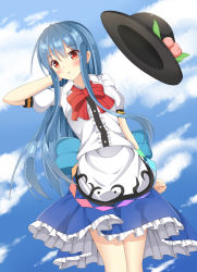Rule 34 | 1girl, arm behind head, bad id, bad pixiv id, blue hair, blue sky, blush, cloud, day, dress, dutch angle, food, frilled dress, frills, fruit, hat, unworn hat, unworn headwear, hinanawi tenshi, layered dress, leaf, long hair, looking at viewer, parted lips, peach, puffy short sleeves, puffy sleeves, red eyes, ribbon, ro-ichi, short sleeves, sky, solo, touhou