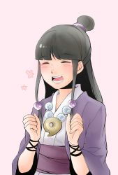 Rule 34 | 1girl, maya fey, black hair, blush, closed eyes, ace attorney, hair ornament, half updo, highres, japanese clothes, jewelry, long hair, magatama, myscarlet love, necklace, open mouth, simple background, smile, solo