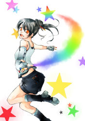 Rule 34 | 1girl, black hair, boots, character request, jumping, looking at viewer, nail polish, orange eyes, outstretched arms, paintbrush, ponytail, rainbow, shorts, smile, solo, spread arms, star (symbol), tsumoru saku