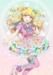Rule 34 | 1girl, :d, blonde hair, blue bow, blue sailor collar, bow, bracelet, clock, commentary request, foot out of frame, frilled skirt, frills, gradient background, hair bow, hair ornament, hand up, idol clothes, idol time pripara, jewelry, layered skirt, long hair, looking at viewer, open hand, open mouth, pink bow, pink footwear, pink shirt, pink thighhighs, pretty series, pripara, purple eyes, ringlets, sailor collar, shirt, shoes, short sleeves, skirt, smile, solo, standing, standing on one leg, star (symbol), star hair ornament, star print, thighhighs, two side up, unya (unya-unya), yumekawa yui