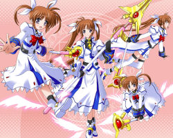 Rule 34 | 00s, 1girl, blue eyes, bow, brown hair, fingerless gloves, gloves, jacket, lyrical nanoha, magazine (weapon), magic circle, magical girl, mahou shoujo lyrical nanoha, mahou shoujo lyrical nanoha a&#039;s, mahou shoujo lyrical nanoha strikers, miniskirt, multiple persona, open clothes, open jacket, purple eyes, raising heart, raising heart (accel mode), raising heart (device mode), raising heart (exceed mode), red bow, red hair, shoes, skirt, takamachi nanoha, takamachi nanoha (aggressor mode), takamachi nanoha (exceed mode), takamachi nanoha (original mode), takamachi nanoha (sacred mode), thighhighs, time paradox, twintails, waist cape, wallpaper, winged footwear, wings, yone